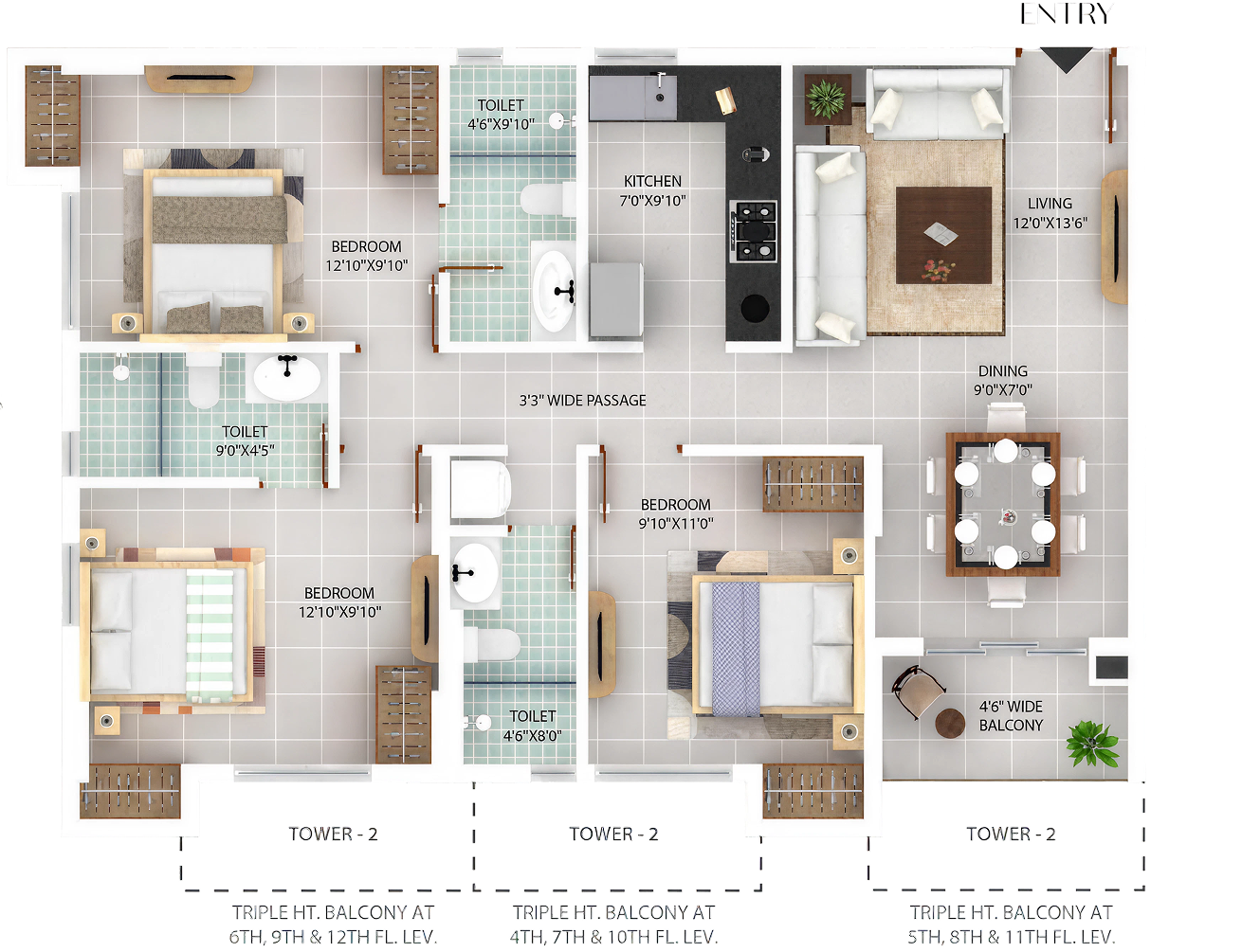 Flat A, 3 BHK orthographic floor plan