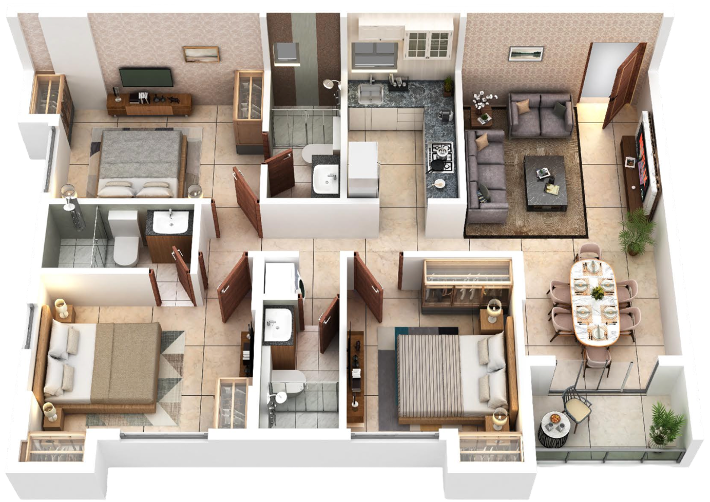 Flat A, 3 BHK isometric view
