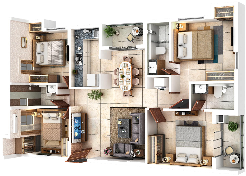 Flat B, 4 BHK isometric view
