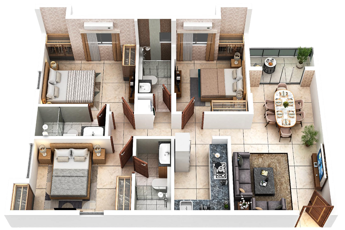 Flat G, 3 BHK isometric view