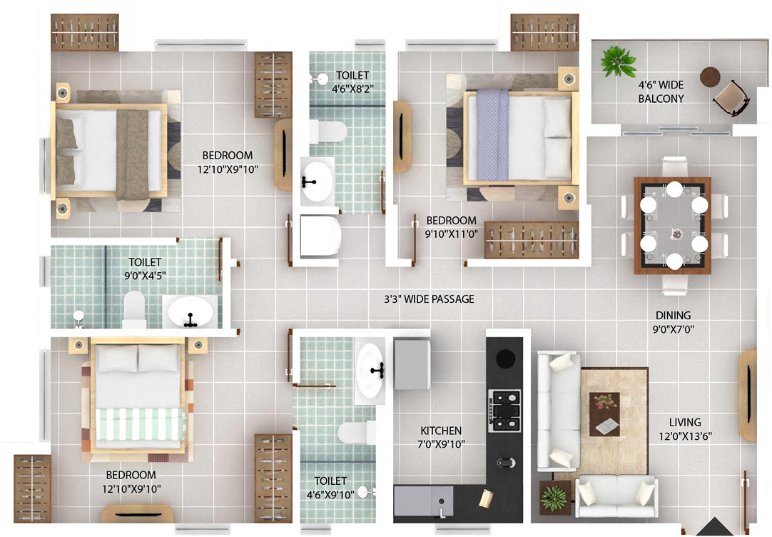 Flat G, 3 BHK orthographic floor plan
