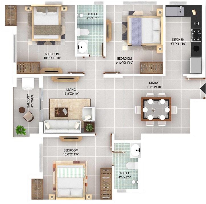 Flat C, 3 BHK orthographic floor plan