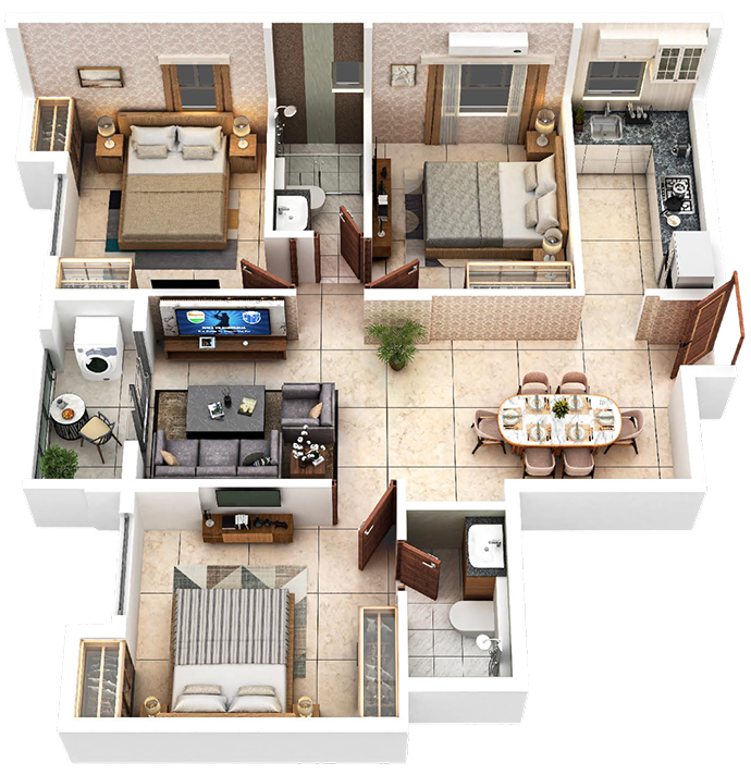 Flat C, 3 BHK isometric view