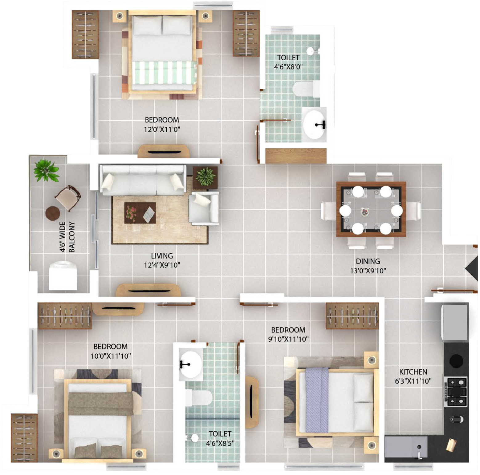 Flat E, 3 BHK orthographic floor plan