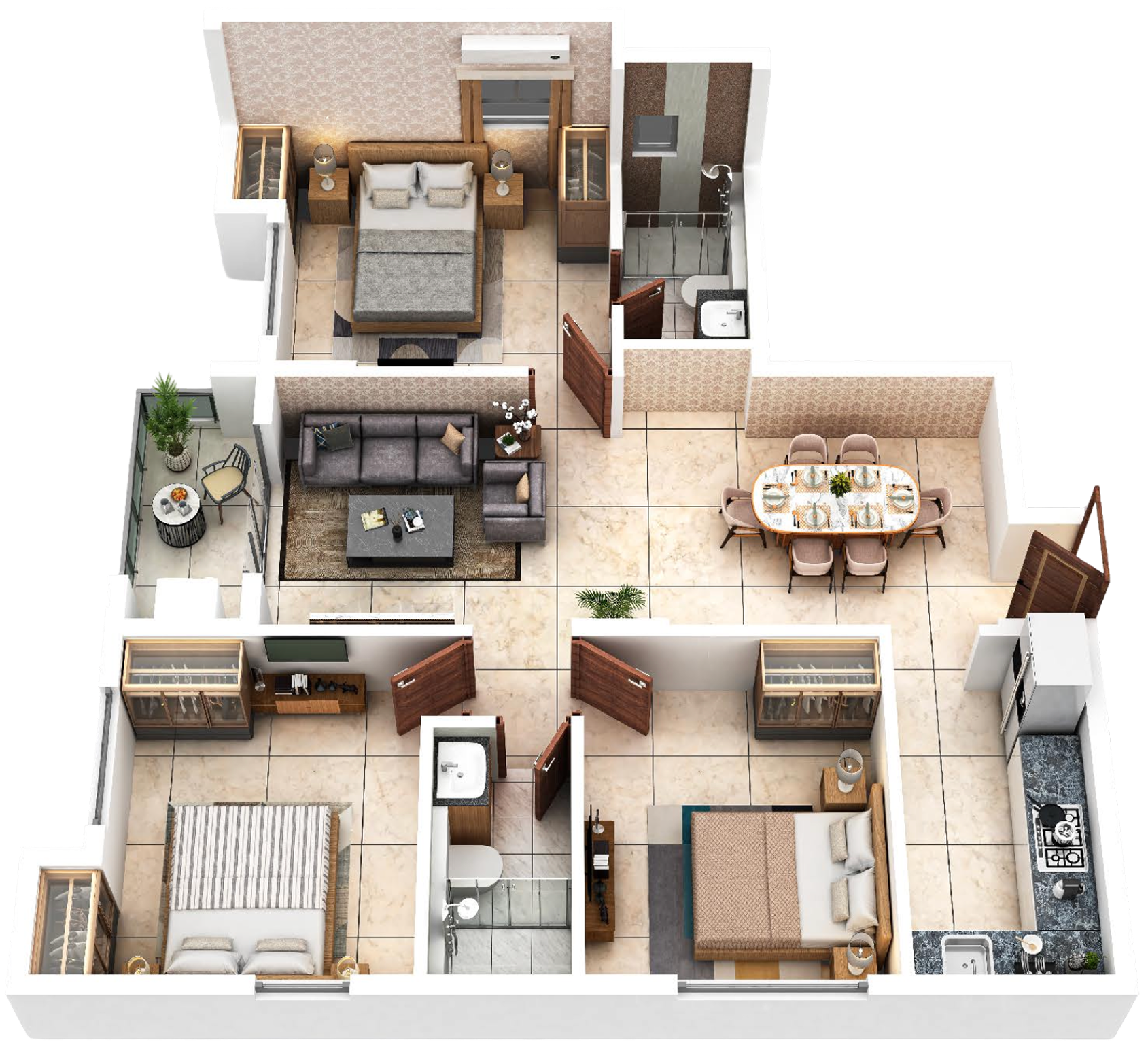 Flat E, 3 BHK isometric view