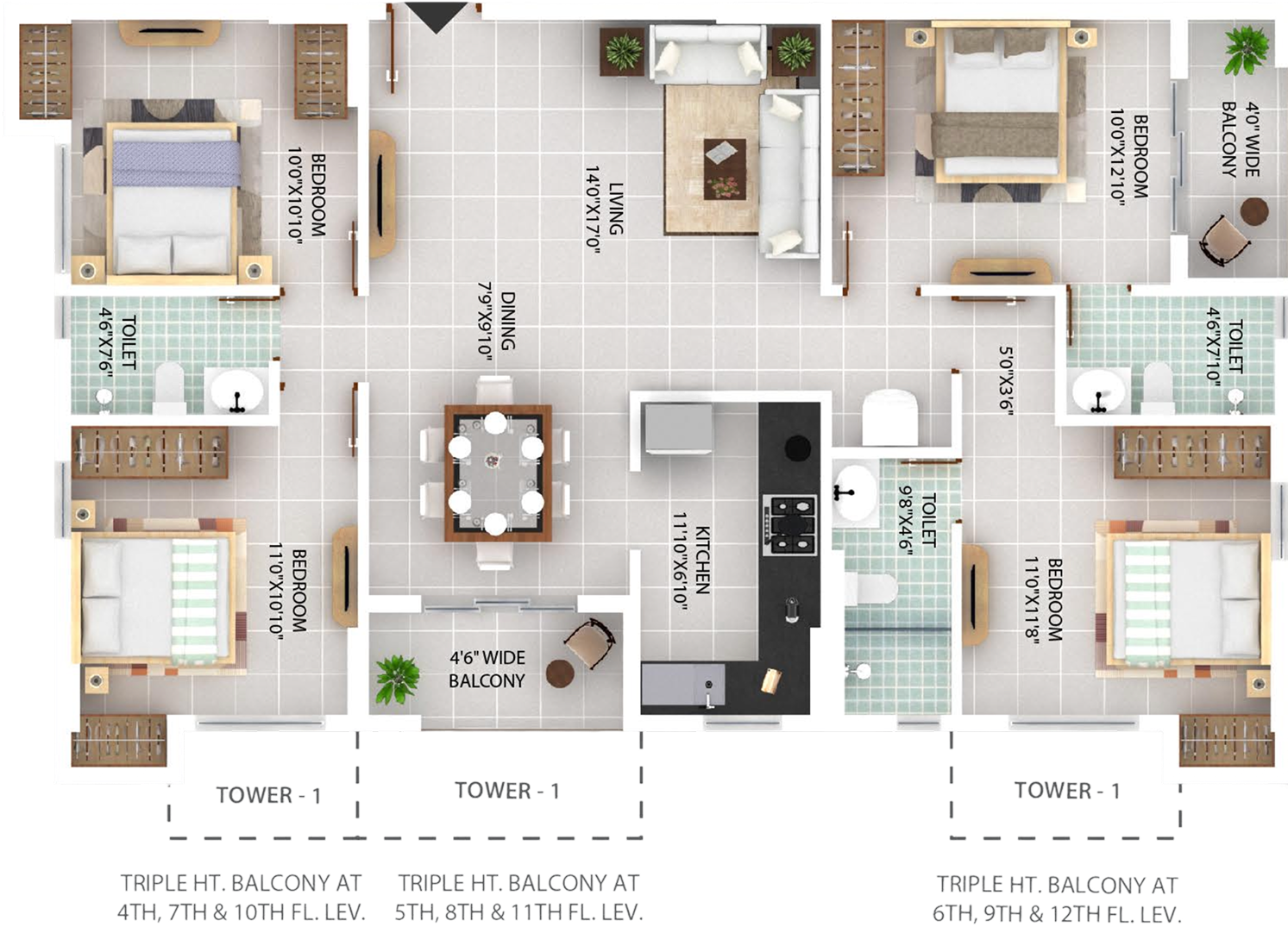 Flat F, 4 BHK orthographic floor plan